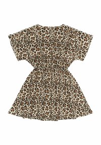 Leopardmönstrad klänning med korta, vida ärmar, åtsittande midja och utsvängd kjol. Tillverkad av lättviktigt tyg, med beige, bruna och svarta mönster.
