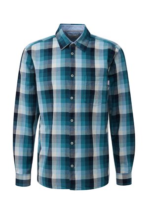 Chemise à manches longues pour homme en motif carreaux bleu et blanc, en coton, avec col pointu, poche avant et fermeture à boutons.