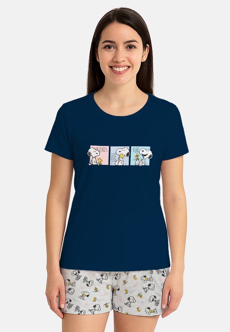 Navy blue short-sleeve shirt featuring a front graphic with Snoopy and friends. Soft fabric; round neck design; paired with light grey cartoon shorts.