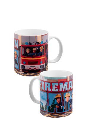 Two white mugs with colorful Fireman Sam cartoon designs showing firefighters and a fire truck.