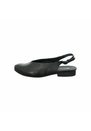 Czarny damski but typu slingback ze skóry z niskim obcasem i regulowanym paskiem, widoczny z profilu na białym tle.