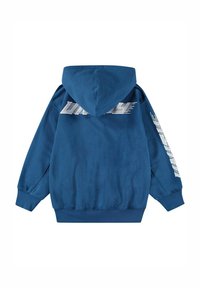 Felpa blu con cappuccio grande e design stampato bianco su retro e maniche. Tessuto strutturato, polsini e orlo a costine.