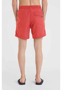 Bañador rojo de diseño liso, con cintura elástica, bolsillos laterales y un bolsillo trasero con botón. Combinado con chanclas azul oscuro.