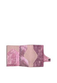 Leather wallet in shades of pink and purple, featuring a textured finish, geometric shapes, and a snap closure.