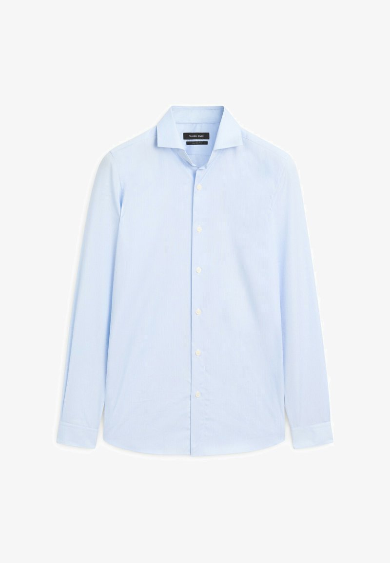 Camicia azzurra a maniche lunghe con colletto classico. Realizzata in un tessuto liscio, presenta bottoni bianchi e una trama uniforme.