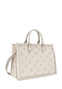 Borsa a mano in pelle beige con motivi in rilievo di fiori e lettere J, doppi manici arrotondati, tracolla staccabile e dettagli dorati.