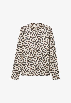 Un haut à manches longues en tissu côtelé avec une base beige et un motif léopard noir et marron, doté d'un col montant.