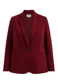 Burgundy tailored blazer featuring a single black button, notched lapels, and two front pockets, made of smooth fabric with a structured shape.