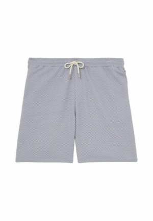 Lysegrå teksturerede shorts med elastisk linning og hvid snor til at binde foran i midten, knælængde.