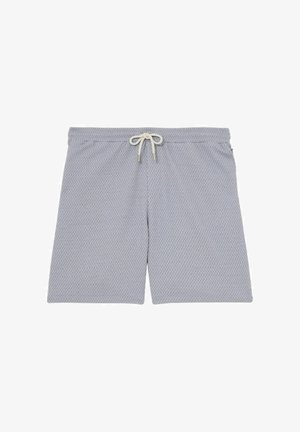 Lysegrå teksturerede shorts med elastisk linning og hvid snor til at binde foran i midten, knælængde.