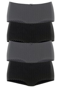 Čtyři páry dámských hipster kalhotek v šedé a černé barvě. Každé mají malé bílé květinové vzory a středovou mašličku na pasu.