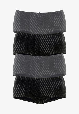 Quatre paires de culottes hipster pour femmes en gris et noir. Chacune présente de petits motifs floraux blancs et un détail de nœud central sur la ceinture.