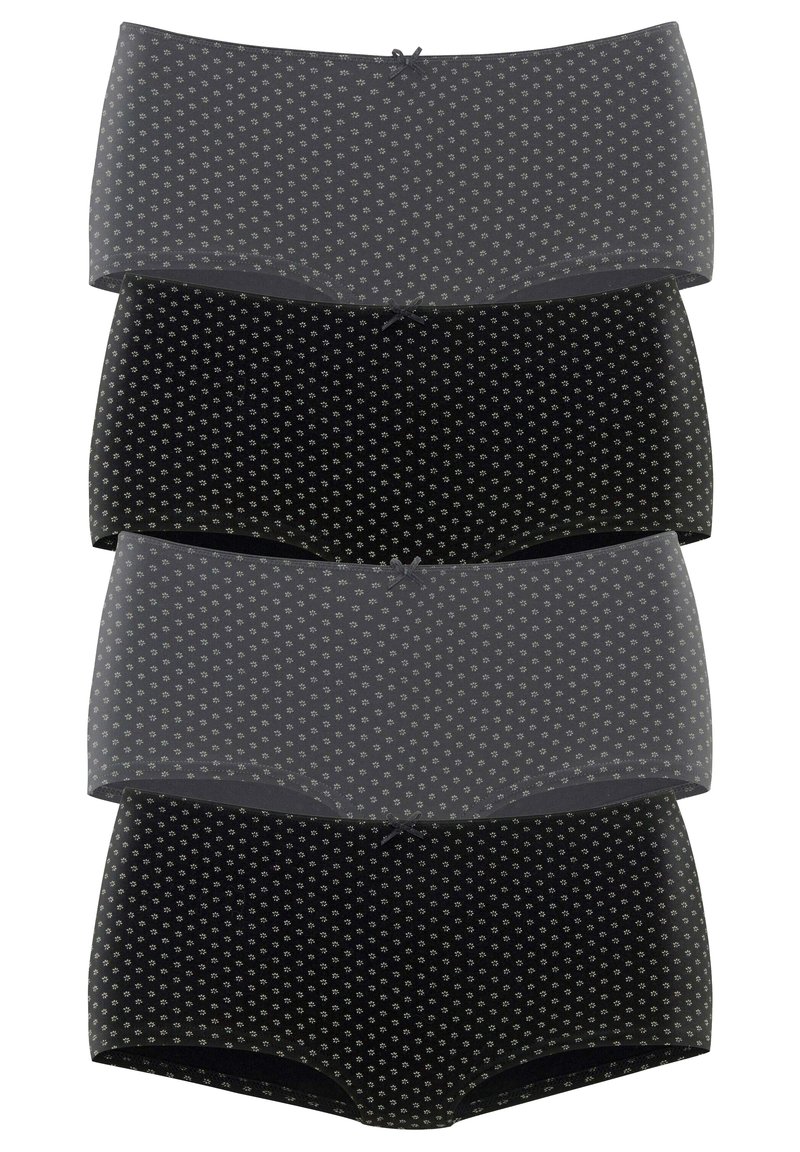 Čtyři páry dámských hipster kalhotek v šedé a černé barvě. Každé mají malé bílé květinové vzory a středovou mašličku na pasu.
