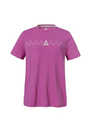 Rosa Baumwoll-T-Shirt mit kurzen Ärmeln, rundem Ausschnitt und weißer Ziernaht im Brustbereich mit Logo.