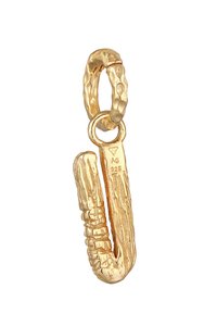Hämmerner Goldmetallanhänger mit zwei ineinandergreifenden Teilen; eines ist gewölbt und texturiert, das andere hat eine glatte Oberfläche. Gekennzeichnet mit "Ag 925."