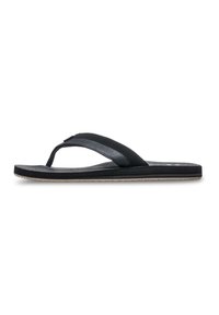 Tongs noires avec une semelle en caoutchouc texturée, des brides synthétiques lisses et un semelle intérieure moulée. Design classique avec une esthétique minimaliste.