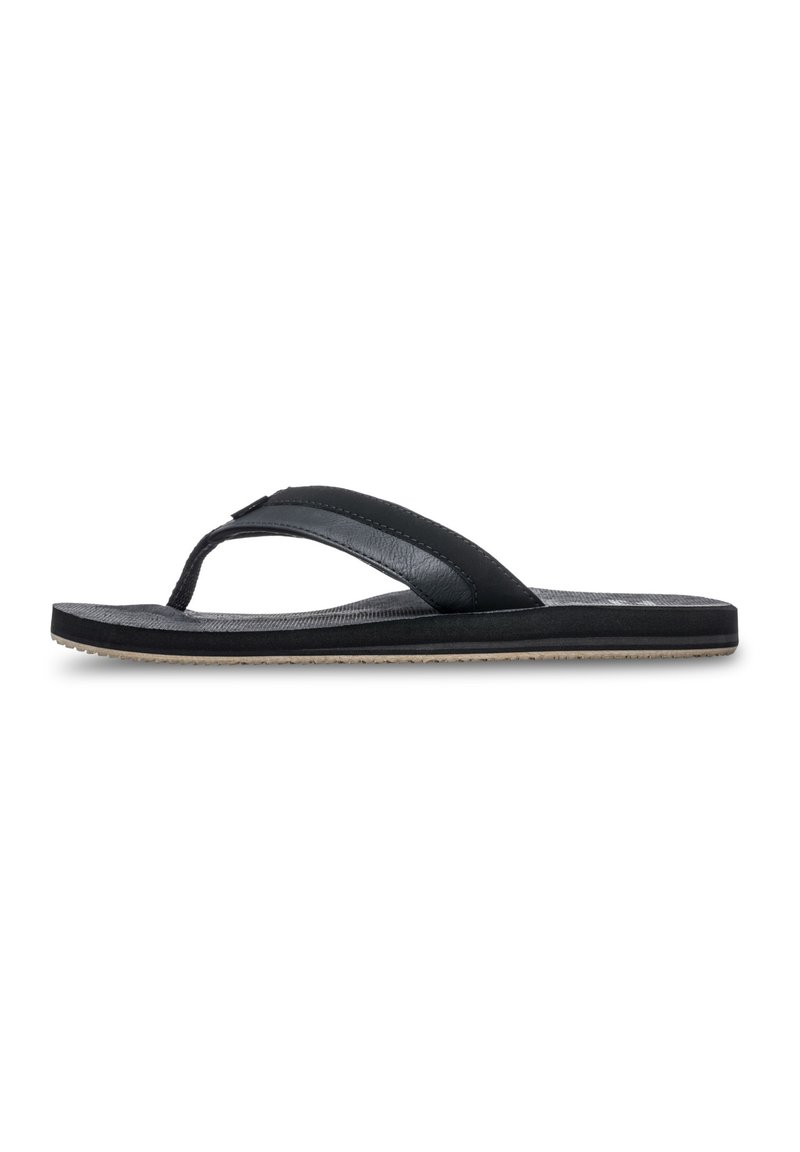 Tongs noires avec une semelle en caoutchouc texturée, des brides synthétiques lisses et un semelle intérieure moulée. Design classique avec une esthétique minimaliste.