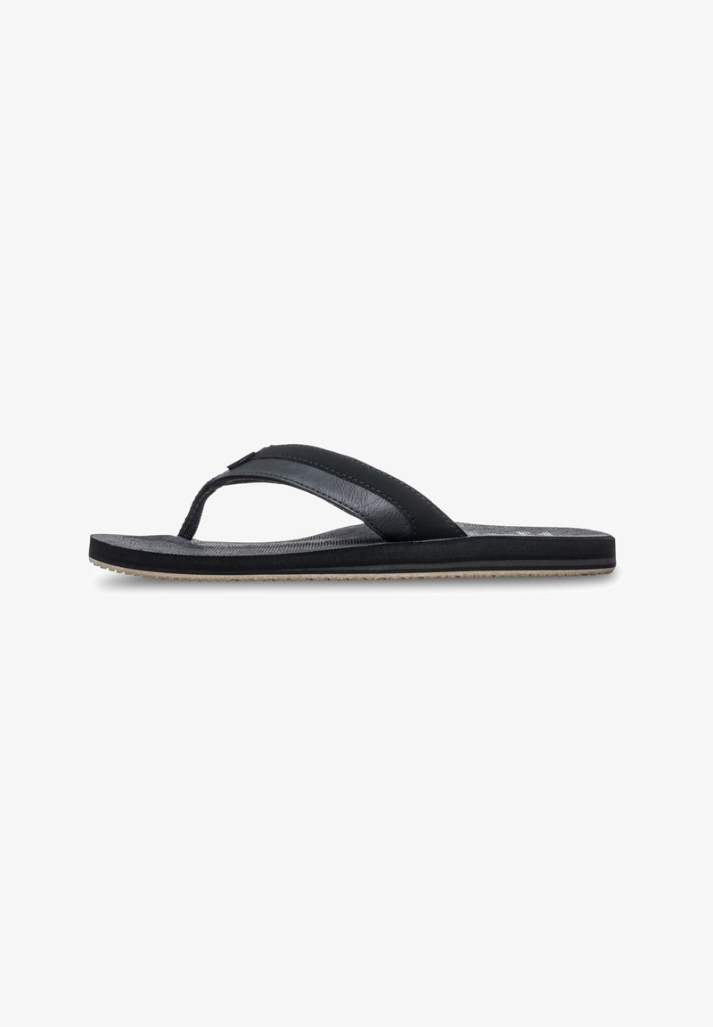 Svart flip-flop med en texturerad gummisula, släta syntetiska remmar och en formad fotbädd. Klassisk design med en minimalistisk estetik.
