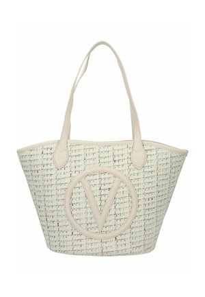 Tragetasche mit gewebter Struktur in Off-White, versehen mit einem großen cremefarbenen Kreislogo mit einem "V" in der Mitte und passenden Ledergriffen.