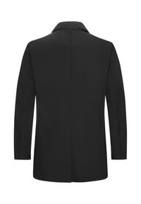 Schwarzer Blazer mit strukturiertem Kragen, langen Ärmeln und glatter Stofftextur. Verfügt über einen einzelnen Rückenschlitz und minimale Nähte.