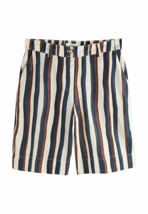 Herreshorts til knæet med lodrette striber i brun, marineblå og hvid, med bæltestropper, sidelommer og frontknaplukning.