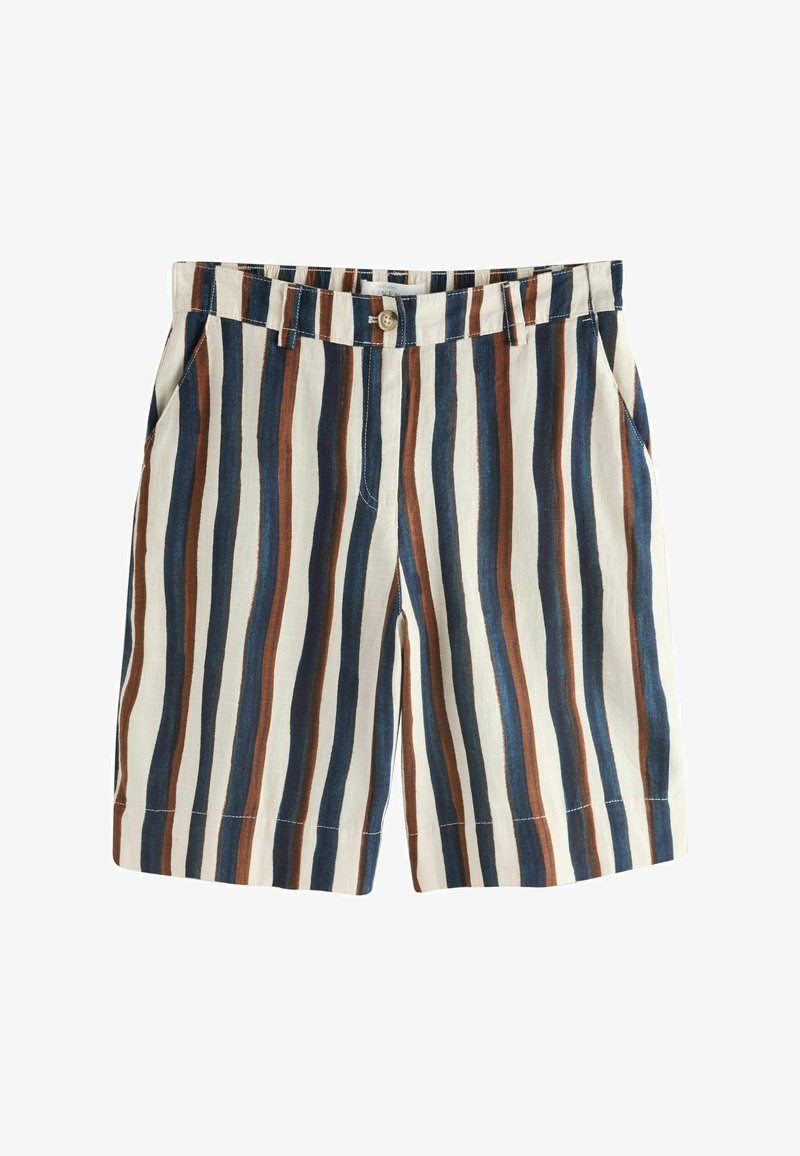 Pánske kraťasy dĺžky po kolená s vertikálnymi pruhmi v hnedej, námorníckej modrej a bielej farbe, s pútkami na opasok, bočnými vreckami a predným zapínaním na gombíky.