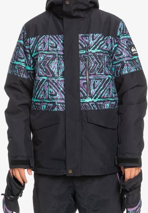 Veste d'hiver noire avec motifs géométriques bleu sarcelle et violet sur la poitrine et les manches, poche poitrine zippée et fermetures velcro aux poignets.