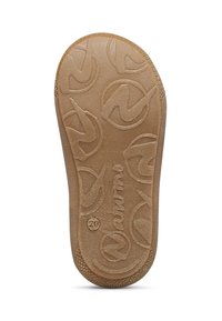 Suela de zapato de goma marrón con un patrón texturizado que presenta diseños de logotipos circulares y una impresión clara de la marca en la parte inferior.