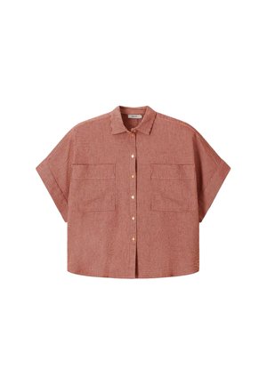 Korte mouwen, roestkleurig overhemd met knopen, een kraag en twee borstzakken aan de voorkant, voorzien van een subtiel gestructureerd stofpatroon.