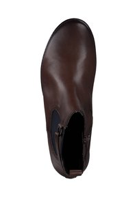 Brown leather ankle boot with a smooth finish, elastic side panels, and a side zipper. Designed with a rounded toe and flat sole.