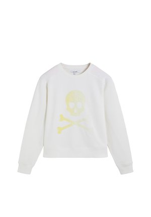 Sudadera blanca de manga larga con cuello redondo y un gráfico sutil de calavera y huesos cruzados en amarillo, centrado en el frente.