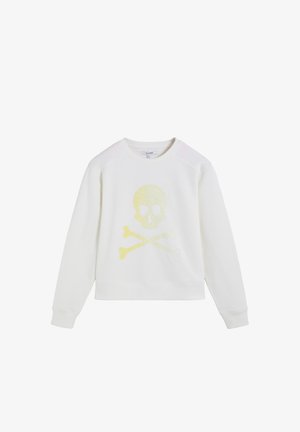 Sudadera blanca de manga larga con cuello redondo y un gráfico sutil de calavera y huesos cruzados en amarillo, centrado en el frente.