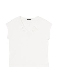 Weißes kurzärmliges Oberteil mit V-Ausschnitt und gestickten Details am Kragen. Hergestellt aus leichtem Stoff mit weicher Textur.