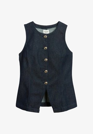 Mouwloos donkerblauw denimvest met vijf goudkleurige knopen aan de voorkant en een lichte split vooraan aan de zoom.