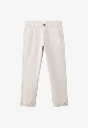 Pantalon slim beige clair avec passants de ceinture, bouton devant, fermeture éclair, poches latérales et ourlets retroussés.