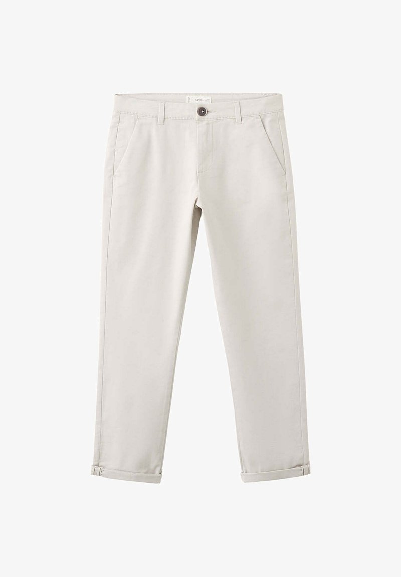 Pantalon slim beige clair avec passants de ceinture, bouton devant, fermeture éclair, poches latérales et ourlets retroussés.