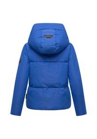 Blauwe pufferjack met een capuchon, met doorgestikte secties, gladde stof, elastische manchetten en een logopatch op de rug.