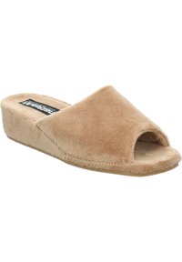 Beige Offene Hausschuhe mit einem Obermaterial aus plüschigem Stoff, dicker Sohle und weicher Textur. Gepolstert für Komfort, mit einfacher Naht entlang der Kanten.