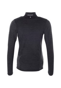 Pullover a maniche lunghe in tessuto grigio scuro con finitura testurizzata, caratterizzato da un colletto alto e una silhouette aderente. Nome del marchio visibile sul retro.