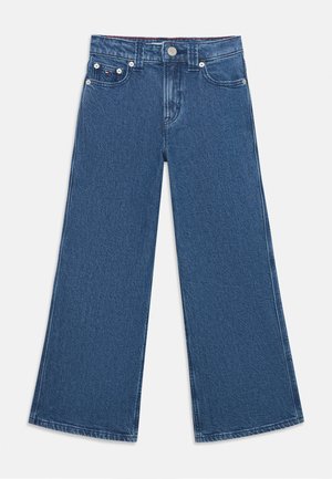 Jeansy o szerokich nogawkach w ciemnoniebieskim dżinsie z lekko teksturowanym wykończeniem, z kieszeniami z przodu, zapięciem na guzik oraz kontrastowymi detalami w szyciu.