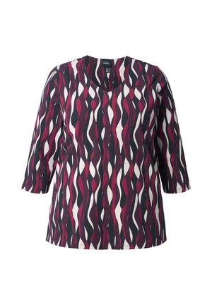 Top a maniche corte con scollo a V, realizzato in tessuto morbido con un motivo ondulato in tonalità di bordeaux, nero e bianco.