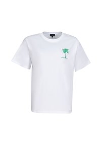 Camiseta blanca de manga corta con un pequeño gráfico de una palmera verde en el lado izquierdo del pecho y un cuello redondo.