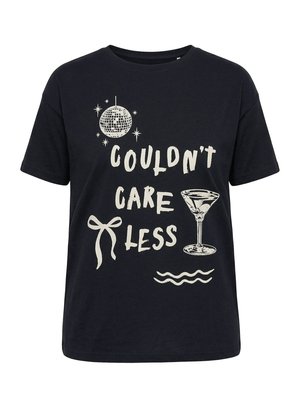 T-shirt noir à manches courtes avec impression blanche d'une boule disco, texte « COULDN'T CARE LESS », un nœud, un verre à martini et des lignes ondulées.