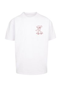 Weißes Baumwoll-T-Shirt mit kurzen Ärmeln, das ein rotes Cartoon-Graphic eines Charakters auf einem Skateboard im linken Brustbereich zeigt.