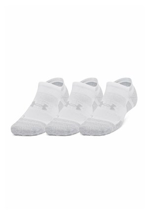 Three pairs of white low-cut athletic socks with gray toe and heel areas, arranged side by side on a white background.