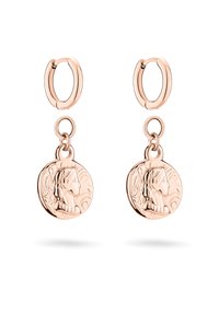Ohrringe aus Roségold mit einem runden Anhänger, der ein eingeprägtes Profil-Design zeigt und an einem glatten Ohrhaken hängt.