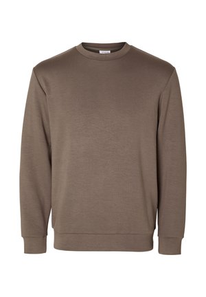 Sudadera marrón de tela suave, con un escote redondo, mangas largas y puños acanalados en los extremos.