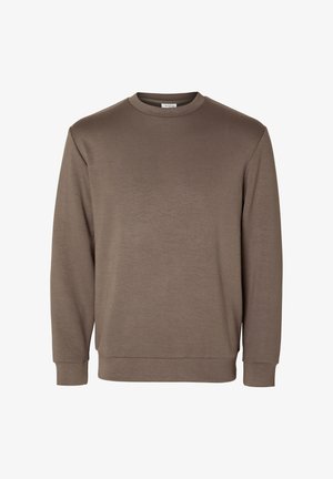Sweatshirt castanho feito de tecido macio, com um decote redondo, mangas longas e punhos canelados nas extremidades.