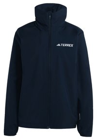 Námornícky modrý nepremokavý kabát s vysokým golierom, plným predným zipsom a bielym logom TERREX. Hladká textúra, navrhnutý na vonkajšie nosenie.