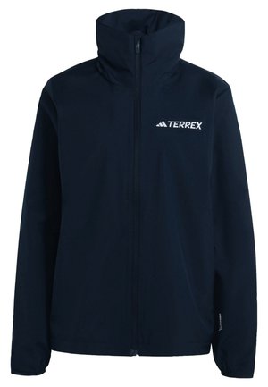 Marineblaue, wasserdichte Jacke mit hohem Kragen, durchgehendem Reißverschluss und weißem TERREX-Logo. Sanfte Textur, entworfen für den Einsatz im Freien.